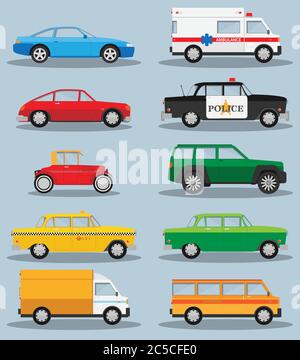Vector set of various city urban traffic vehicles icons Stock Vector