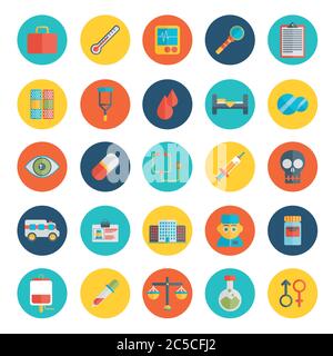 Flat icons set of medical tools and healthcare equipment, science research and health treatment service. Modern design style symbol collection. Stock Vector