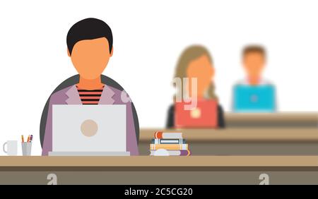 Concept of the coworking center. Shared working environment. People talking and working at the computers in the open space office. Flat design style. Stock Vector