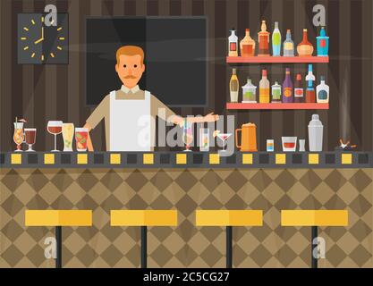 Bar counter with stools and alcohol drink on shelves flat vector ...