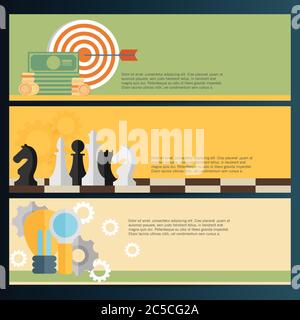 Flat vector illustration backgrounds set. Target, coins and chess. Management and achievements.  Business planning and strategy Stock Vector