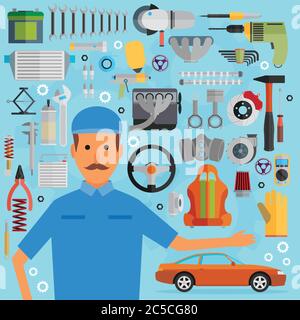 Car service concept with flat icons and mechanic. Vector illustration Stock Vector