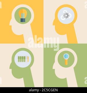 Collection of flat design colored vector illustration concepts for intelligence, intellectual work, productivity, creativity, efficiency Stock Vector