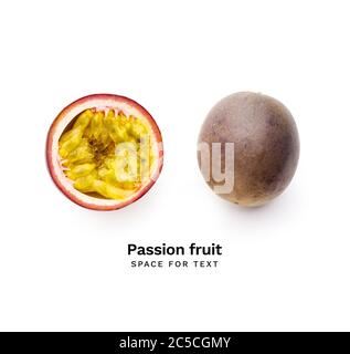 Whole and sliced passion fruit or maracuya isolated on white background. Top view layout with copy space Stock Photo