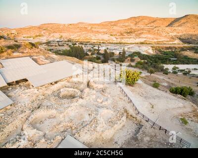 Aerial bird's eye view of UNESCO world heritage site Choirokoitia, Larnaca, Cyprus. View of Khirokoitia, a prehistoric ancient neolithic archaelogical Stock Photo