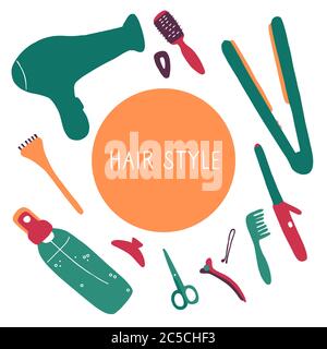 Hair style. Tools, devices for hair beauty. Vector flat hand drawn illustration Stock Vector