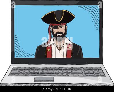 Sketch style colorful computer pirate hacking laptop. Hand drawn doodle vector illustration. Stock Vector
