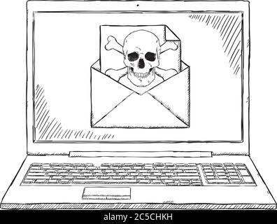 Sketch style illustration of notebook with infected by virus email. Hand drawn vector illustration. Stock Vector