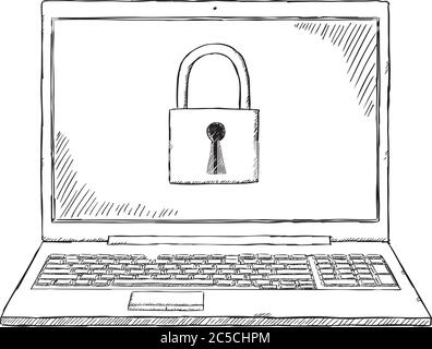 Sketch style illustration of laptop with safety lock on screen. Hand drawn doodle vector illustration. Stock Vector