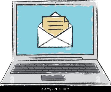 Doodle of laptop with email message. Hand drawn vector illustration. Stock Vector