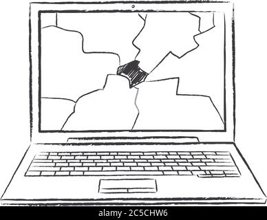 Sketch style doodle of netbook with destroyed screen. Hand drawn doodle vector illustration. Stock Vector