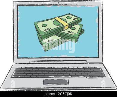 chalk doodle of laptop with with money screen on screen. Vector illustration on transparent background. Stock Vector