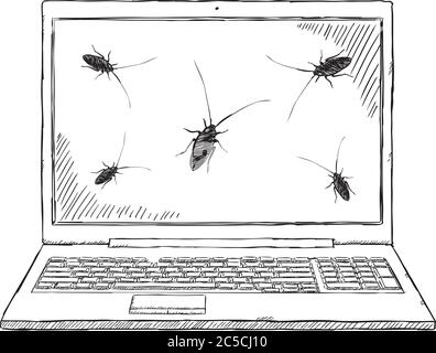 Doodle of notebook infected by computer bugs. Hand drawn doodle vector illustration. Stock Vector