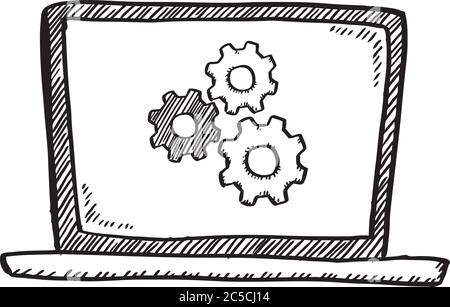 Cartoon style doodle of notebook with gears on screen. Hand drawn vector illustration. Stock Vector