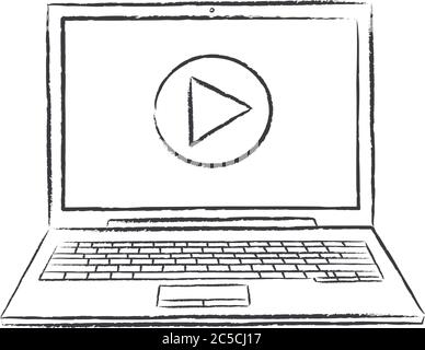 chalk doodle of laptop with video player button on screen - front view. Hand drawn doodle vector illustration. Stock Vector