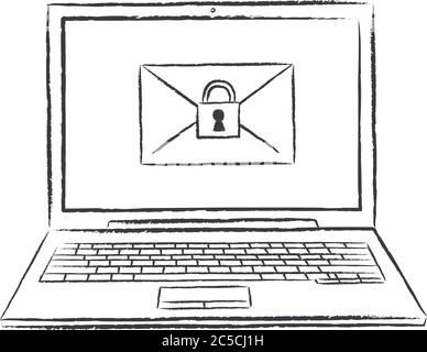 sketch style doodle of notebook with safety protected email on screen. Hand drawn vector illustration. Stock Vector