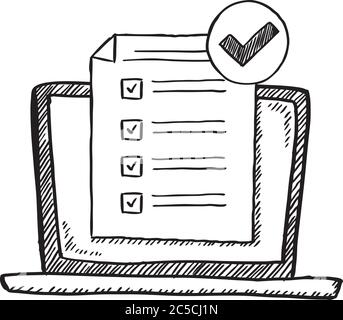 Cartoon style doodle of notebook with checklist. Hand drawn doodle vector illustration. Stock Vector