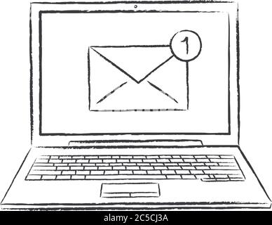Gray chalk doodle of laptop with one receve email message. Hand drawn doodle vector illustration. Stock Vector