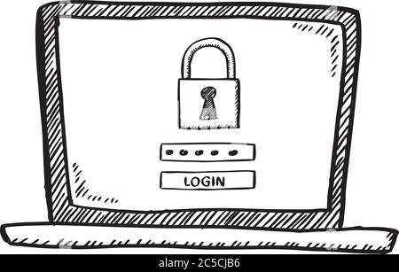Cartoon style doodle of notebook with login to secure account on screen. Sketch style vector illustration. Stock Vector