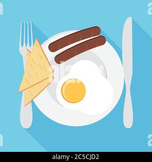 Breakfast vector illustration. Plate with sausage, sandwich and egg. Flat style Stock Vector