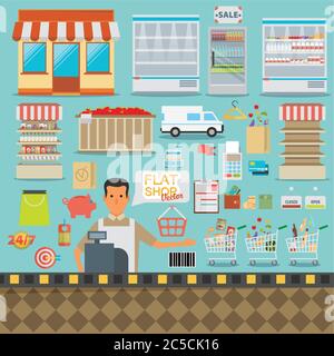 Supermarket online website concept with food assortment, opening hours and payment options icons illustration vector Stock Vector