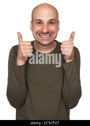 Cheerful funny bald man shows thumbs up. Isolated on white Stock Photo