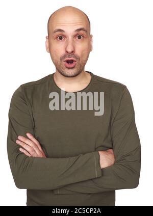 Funny bald man surprised isolated on white background Stock Photo