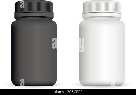 Realistic plastic bottles. Black and white 3d Vector illustration. Mock Up Template set of medicine package for pills, capsule, drugs. Stock Vector