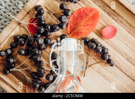Making Aronia berries (Aronia prunifolia ) also known as chokeberries syrup in autumn. Juice bottle with berries on wooden tray. Stock Photo