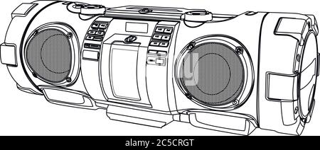 Hifi stereo boombox sketch. High quality vector illustration draft. Outline in black and white colours. Stock Vector