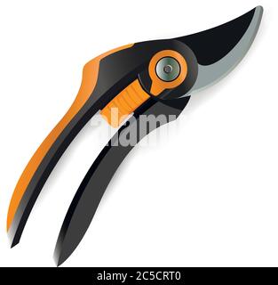 Pruner garden tools vector illustration. Quality 3d secateurs for yard works. Professional equipment series. Stock Vector