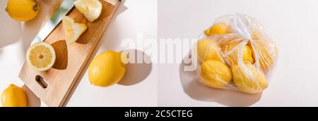 collage with cutted lemons on wooden board and whole lemons in plastic bag on grey table, website header Stock Photo