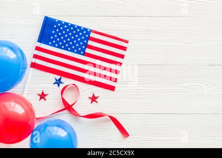 Independence Day greeting card with American flag, balloons flat lay copy space Stock Photo