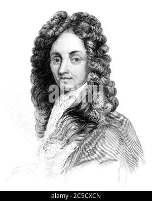 An engraved vintage illustration portrait image of Sir Christopher Wren from a Victorian book dated 1847 that is no longer in copyright Stock Photo