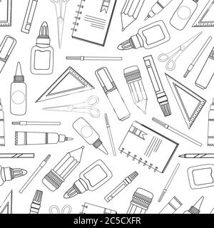 Seamless pattern school supplies. Stationery on a white background. Ruler, pencil, markers and felt-tip pens. SCHOOL AND TRAINING Stock Vector