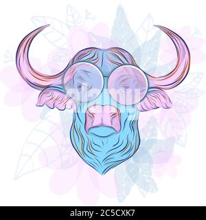 Bull logo. Head of an ox, hand-drawing. Fashion illustration for printing on fabric Stock Vector