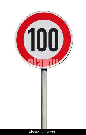 Isolated Traffic Sign - Speed limit 100 kilometres Stock Photo