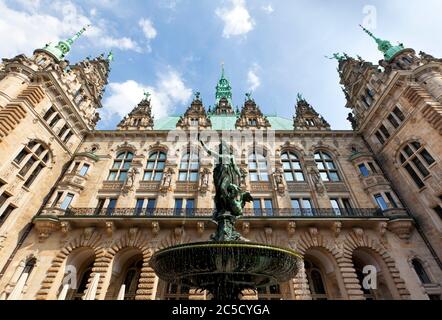 Coutryard of Hamburg Town Hall with Fountain Stock Photo