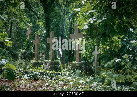 Old crosses on an ancient german graveyard in Lindow, Brandenburg Stock Photo