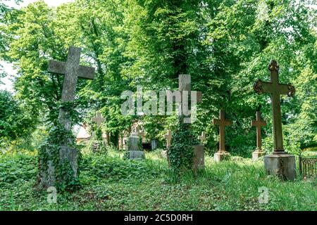 Old crosses on an ancient german graveyard in Lindow, Brandenburg Stock Photo