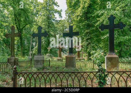 Old crosses on an ancient german graveyard in Lindow, Brandenburg Stock Photo