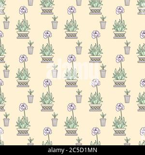 Template. Seamless pattern of indoor plants in pots on a light background. Flowers and sprouts in geometric vases. The concept of home, garden Stock Vector