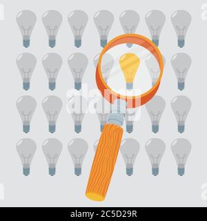 Vector concept in flat stye - searching for idea - lightbulbs and hand with magnifier Stock Vector