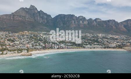 aerial views of the coast of camps bay in south africa, next to cape town, lions head mountain and twelve apostles and all shore views Stock Photo