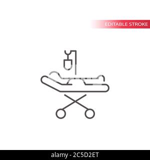 Hospital bed with a patient thin line simple vector icon. Outline, editable stroke. Stock Vector