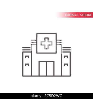 Hospital or clinic building with a cross simple thin line vector icon. Editable line or stroke. Stock Vector