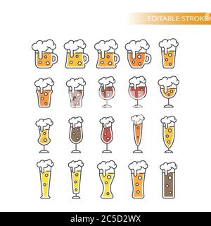 Beer glasses types colorful cartoon with editable stroke. Line mug, pint, pilsner glass vector icon set. Stock Vector