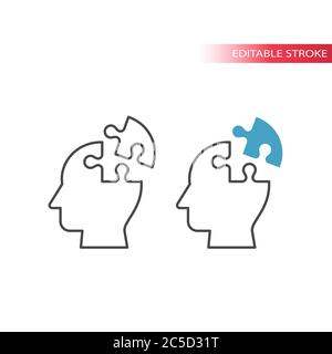 Human head with jigsaw puzzle piece, idea concept thin line vector icon. Outline, editable stroke.