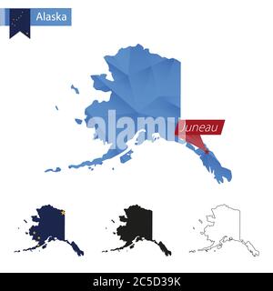 State of Alaska blue Low Poly map with capital Juneau, versions with flag, black and outline. Vector Illustration. Stock Vector