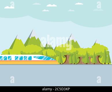 Train on railway with forest and mountains background. Flat style vector illustration. Stock Vector
